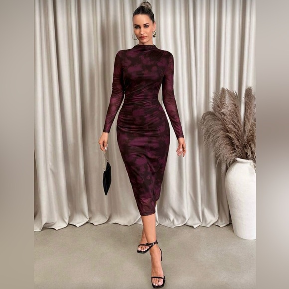 Lavish Dresses & Skirts - Burgundy wine Bodycon stretchy Dress lined sheer long sleeves very flattering XL